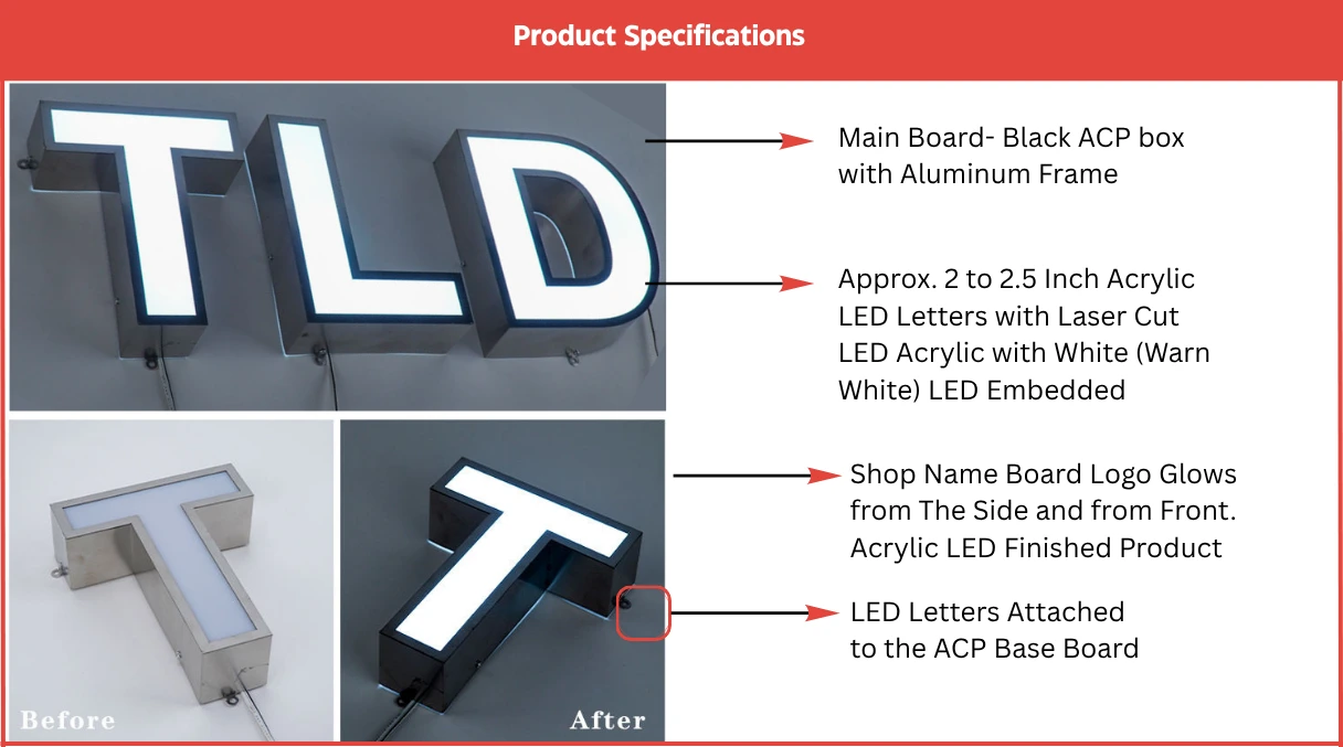 3D Acrylic LED Sign Board Specifications