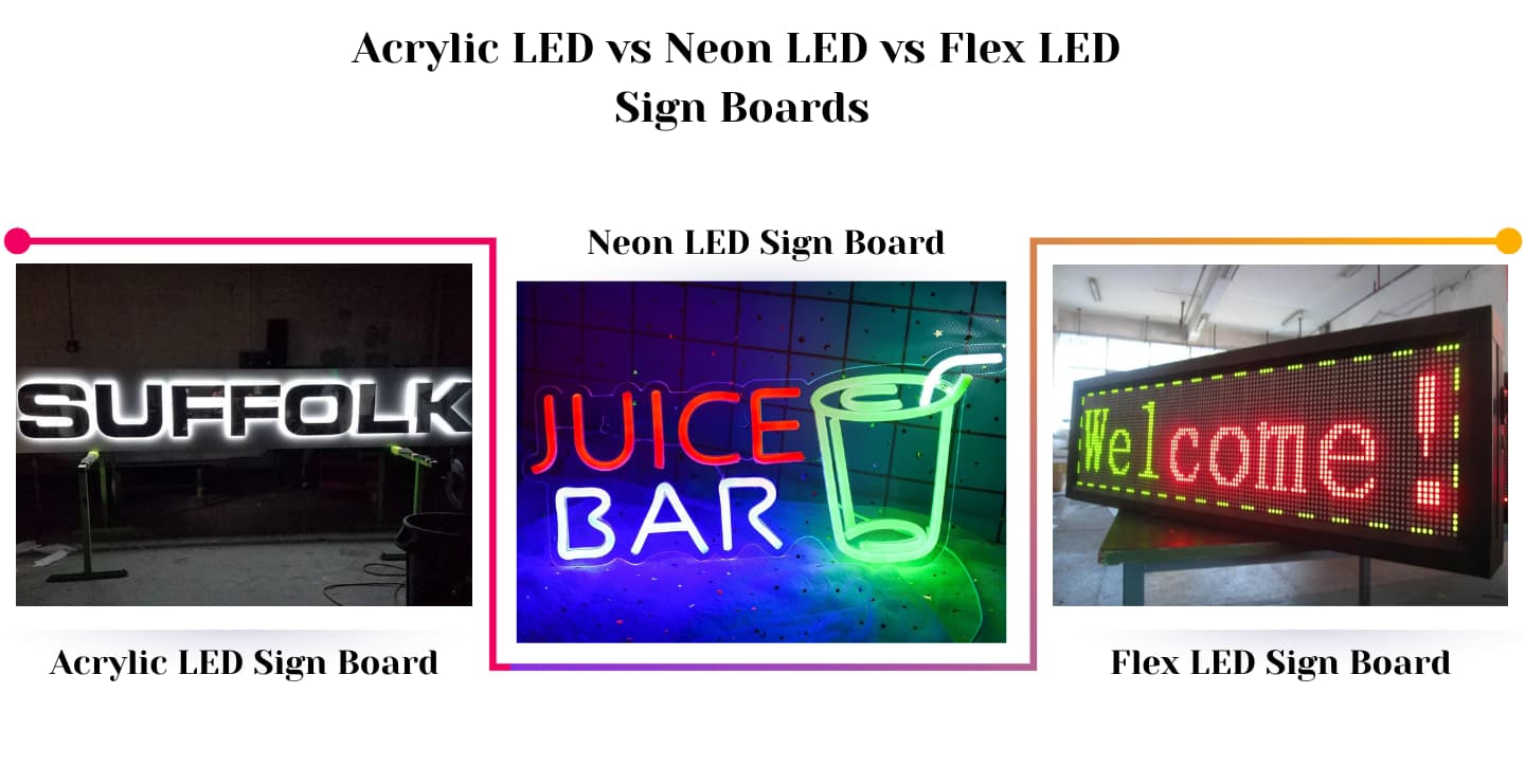Acrylic LED vs Neon LED vs Flex LED Sign Boards: Which One Should You Pick?